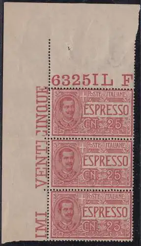 1903 KÖNIGREICH ITALIEN, Espresso Nr. 1 DREISTREIFEN MIT TISCHNUMMER POSTFRISCH / **