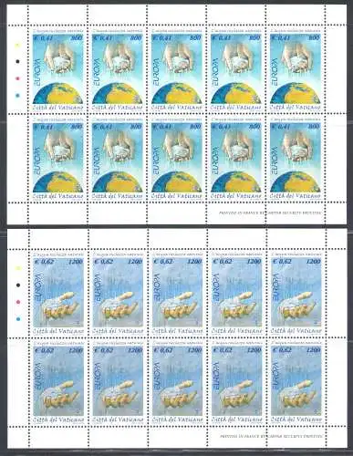 2001 Vatikan, 2 Miniblätter mit 10 Werten, Europa Wasser Nr. MF 1235/36 - POSTFRISCH **