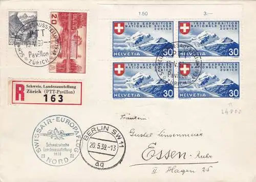 1939 SCHWEIZ, Aerogramm EUROPAFLUG NORD ZÜRICH-BERLIN-ESSEN