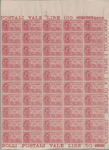 1920 ITALIEN - KÖNIGREICH, Espresso Nr. 4 Blatt von 50 MNH / ** TISCHNUMMER