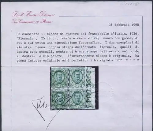 1926 Italien, Nr. 200, Floreale 25 Cent olivgrün, MNH ** Zertifikat Diena