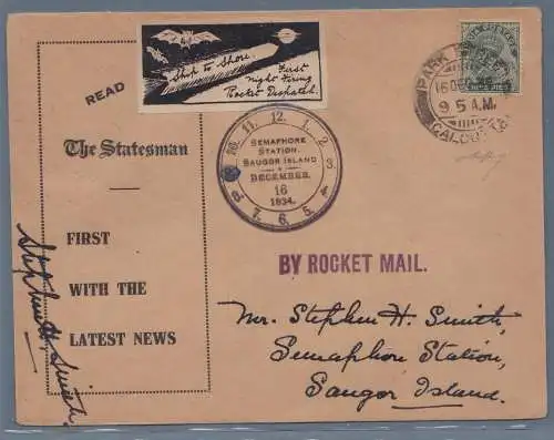 1934 INDIEN Brief Rocket Mail von Kalkutta zum Bahnhof Semaphore - Saugor