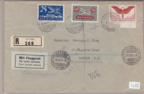 1927 SCHWEIZ Brief Luftpost Einschreiben Flug Le Locle Lausanne