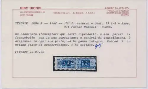 1947 TRIEST A - 100 Lire, zweizeiliger Überdruck Postpakete Nr. 9/I, postfrisch **