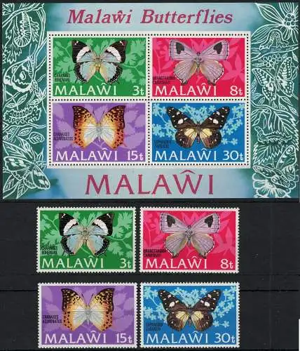 1973 Malawi, Schmetterlinge - Yvert # 195/98 + Bogen 30 - postfrisch **