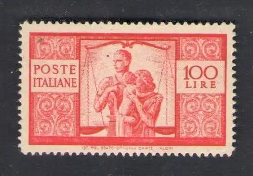 1946 Italien, 100 Lire dunkelkarmin, filigranes normales Rechtsrad Nr. 25D postfrisch **