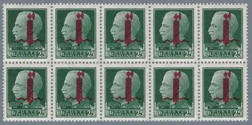 1944 RSI, Nr. 490 25c. grüner BLOCK VON 10 MNH ** Signiert Raybaudi auf jedem Wert