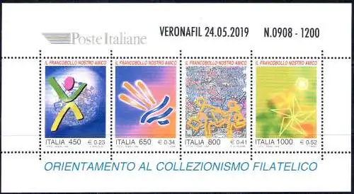 2019 Italien - Republik, Blatt BF 22A Briefmarke Unser Freund überdruckt Veronafil 24.05.2019 - Nr.0908 von 1200 Zertifikat De Simoni MNH **