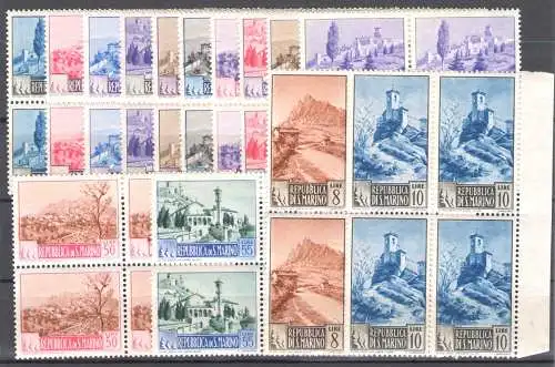 1949 SAN MARINO, Serie Paesaggi, Nr. 342/355,16 Werte in wunderschönen Viererblöcken, inklusive der 2 Zusatzwerte, postfrisch**