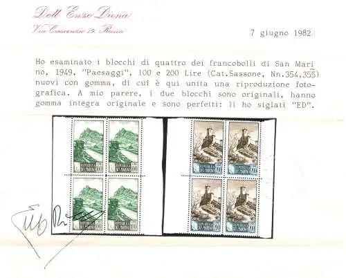 1949 SAN MARINO, Serie Paesaggi, Nr. 342/355,16 Werte in wunderschönen Viererblöcken, inklusive der 2 Zusatzwerte, postfrisch**