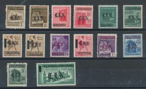 1945 Turin, Ausgaben C.L.N., Aufdrucke C.L.N in Gotik und Barren auf RSI, Nr. 1/13 + Expr 17, MNH ** Raybaudi Zertifikat - RAR