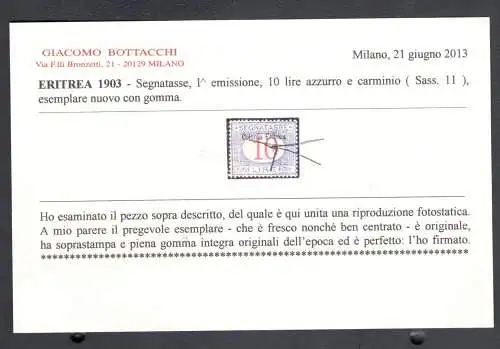1903 ERITREA, Steuermarken Nr. 11, Kolonie Eritrea oben, 10 Lire Azzurro e Carminio, MNH ** - Sehr gute Zentrierung - Sorani-Zertifikat + Bottacchi