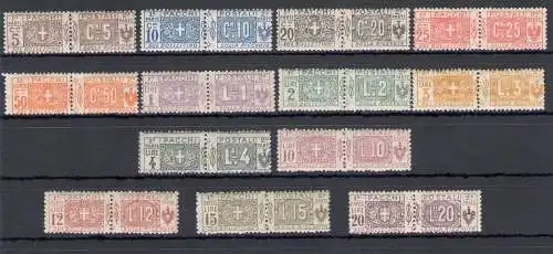 1914-22 Italien, Vittorio Emanuele III, Postpakete, komplette Serie 7/19, 13 Werte, Wappen und Ziffern - Knoten von Savoyen, postfrisch** - Kleberzertifikat