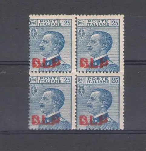 1921 Königreich Italien, BLP Nr. 3, 25 Cent Blau, lithographischer Aufdruck I. Typ, Mittelmäßige Zentrierung, MNH** - Raybaudi Zertifikat - Quartina - Block of Four