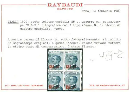 1921 Königreich Italien, BLP Nr. 3, 25 Cent Blau, lithographischer Aufdruck I. Typ, Mittelmäßige Zentrierung, MNH** - Raybaudi Zertifikat - Quartina - Block of Four