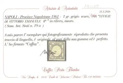 1861 NAPOLI-Province Napoletane, N. 19a, 1 dunkelgraue Körnung, MLH* - Caffaz Zertifikat