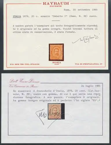 1879 Italien - Königreich, Nr. 39, Bildnis Umberto I, Centesimi 20 Orange, MNH ** - Zertifikat Raybaudi + Diena