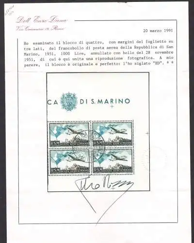 1951 SAN MARINO Luftpost 'Flagge' - Viererblock - 28.11.1951 - Sächsischer Katalog Nr. 99 - Zertifikat Enzo Diena Selten