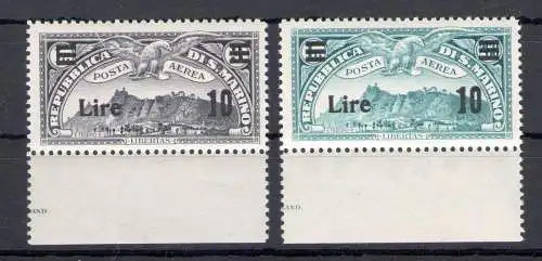 1942 SAN MARINO - Luftpost, Nr. 19/20 Niedriger Bogenrand, Luftpostmarken von 1931 überdruckt, postfrisch** - Klebezertifikat