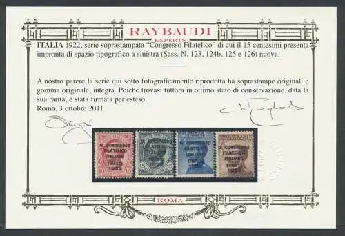 1922 Italien - Königreich, 9. Italienischer Philatelistischer Kongress Nr. 123/126 (mit 124b) - Triest - MNH** - Raybaudi Zertifikat