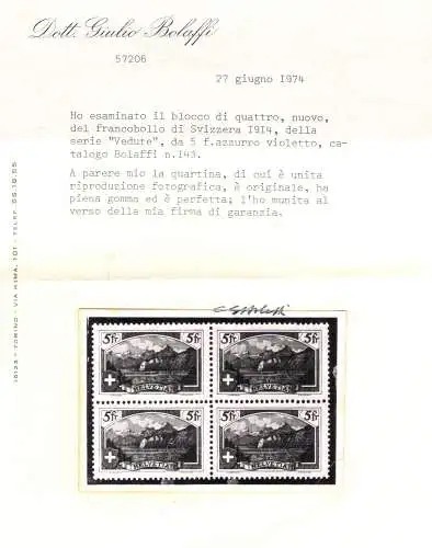 1914 SCHWEIZ, Einheitskatalog Nr. 143, 5 Franken Rutli, postfrisch** - Bolaffi Zertifikat - stammt aus Quartina