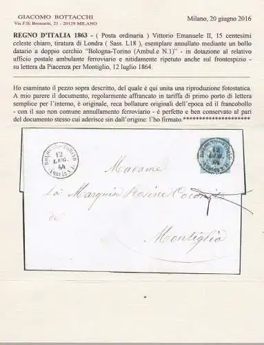 1863 Königreich Italien, L18 15c. himmlisch klar auf Brief SELTENE WANDELNDE STORNIERUNG