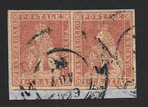 1857 TOSKANA, Nr. 12 1cr. karmin PAAR GEBRAUCHT AUF FRAGMENT Cert. Bolaffi