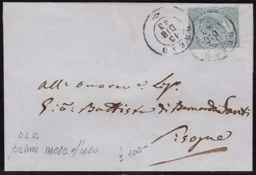 1863 Italien - Königreich, Nr. L18 15c. himmlisch klar auf Brief ersten Monat Gebrauch