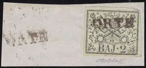 1852 Kirchenstaat, 2 Baj hellolivgrün Nr. 2 auf Fragment Signatur Bolaffi