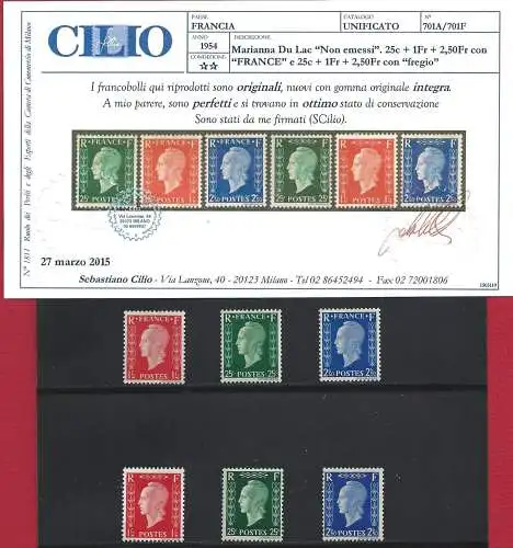 1945 FRANKREICH, Nr. 701A-F Nicht ausgegeben MNH ** Zertifikat Cilio