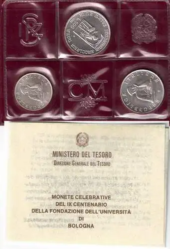 1988 Italien, Universität Bologna 100+200+500 Lire Silber, FDC