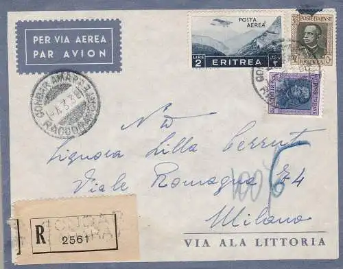 1938 ERITREA, PA Nr. 23 + 199 +201 auf Brief nach Mailand