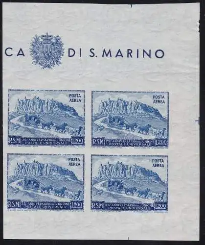 1951 SAN MARINO, UPU, Luftpost, Nr. 96 Lire 200 hellblau ND MNH ** QUARTINA