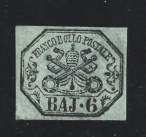 1852 Kirchenstaat, 6 Baj grau-grünlich Nr. 7 Signatur Bolaffi MLH *