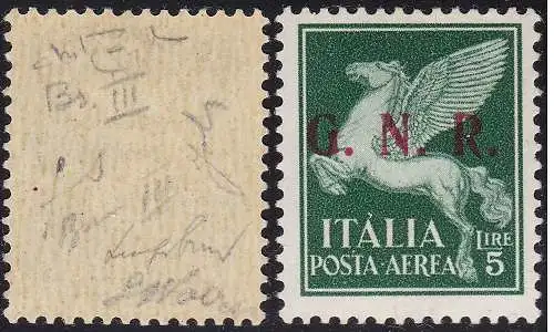 1943 Italienische Sozialrepublik, GNR Luftpost Nr. 123/III Brescia VOLLGUMMI Raybaudi zertifiziert