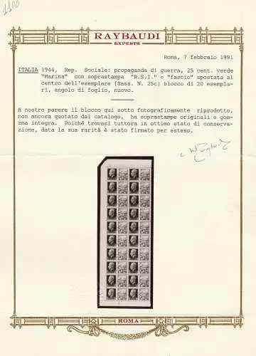 1944 Italienische Sozialrepubblica, PG Nr. 25e 50 Cent. violett BLOCK VON 20 MNH / ** MITTE ÜBERDRUCKT