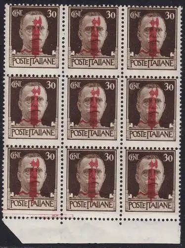 1944 Italienische Sozialrepubblica, Nr. 492s 30 Cent. braun 9er Block mit Abziehbild