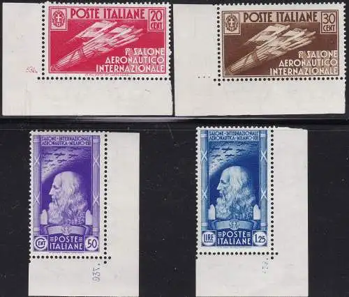 1935 Königreich Italien, Salone Aeronautico, Nr. 384/387 MNH** 4er-Wert-Serie BLATTWINKEL mit Tisch-/Zylindernummer