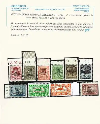 1943 Ägäis Deutsche Besetzung, Nr. 118/125 + Ex. 3/4 Serie mit 10 Werten MNH/** Zertifikat Blond