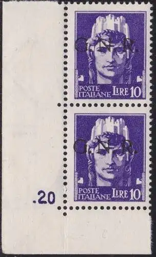 1944 Italienische Sozialrepubblica, Nr. 486 Paar 10 Lire violett MNH / ** TISCHNUMMER signiert Raybaudi