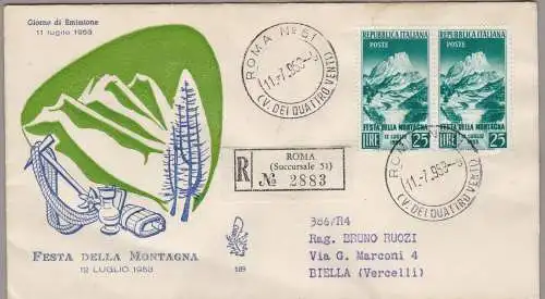 1953 REPUBLIK - Fest der Berge - Nr. 720, VENEDIG EINGESCHRIEBEN GEREIST