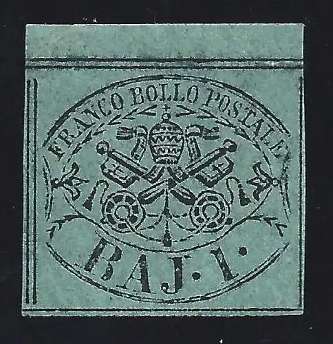 1852 Kirchenstaat, 1 Baj graugrün Nr. 2 - Signatur Bolaffi MNH **