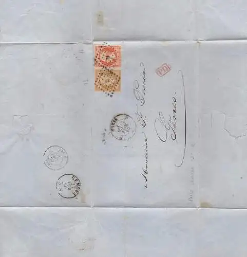 1860 FRANKREICH, Brief von Paris nach Genua frankiert mit Nr. 13 +16