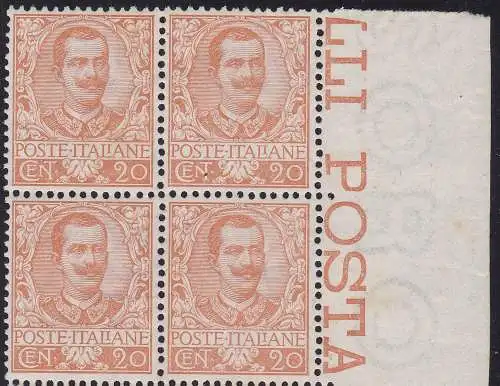 1901 ITALIEN - Nr. 72 Floreale 20 Cent. orange, Viererblock, postfrisch**