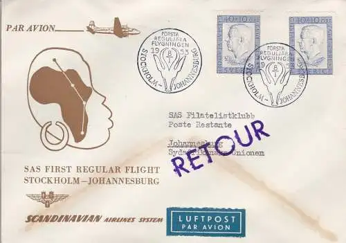 1953 SCHWEDEN - SAS Erstflug STOCKHOLM-JOHANNESBURG