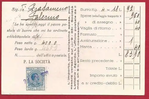 1928 Italien - frankiert mit Nr. 231 auf der Rückseite Stempelmarke 10 Cent. Nr. 12