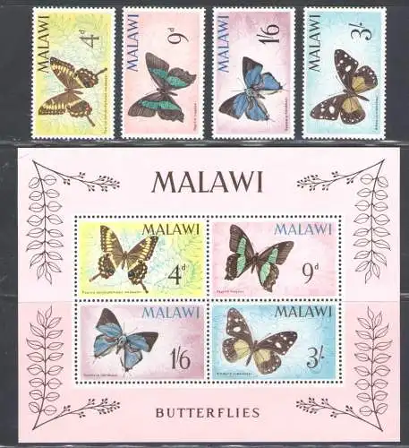 1966 Malawi, Schmetterlinge - Yvert # 37/40 + Bogen 12 - postfrisch **