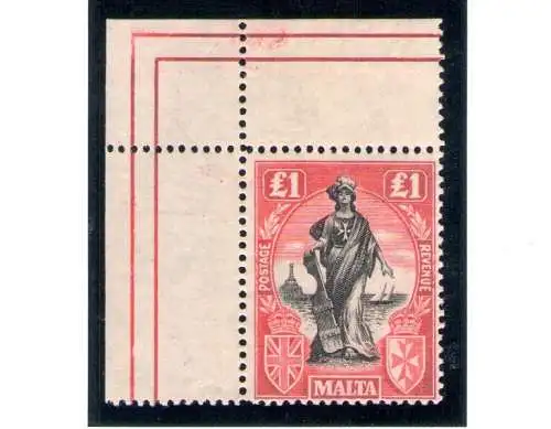 1921-22 MALTA - 1 Pfund Carminio, 1 £, Bogenwinkel - Corner sheet, Nr. 101 S.Gibbons - MNH **