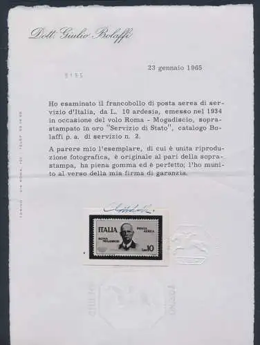 1934 Königreich Italien - Flugdienst - 10 Lire Schiefer Coroncina - MNH ** Bolaffi Zertifikat - Signatur Diena - Bolaffi