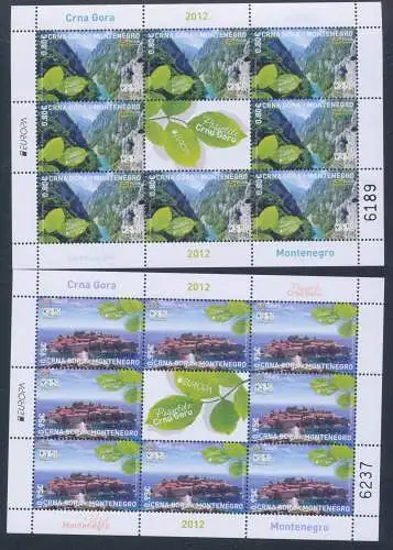 2012 EUROPA CEPT, Montenegro, 2 Kleinblätter mit 8 Werten, Tourismus, postfrisch **